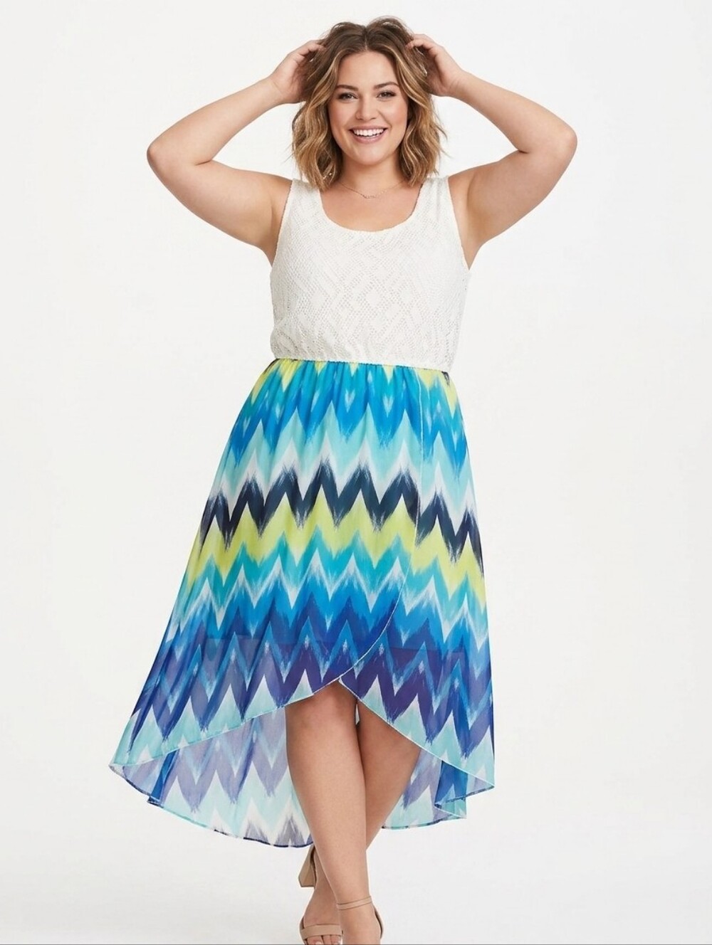 Lily Rose White Lace Top Blue & Yellow Chevron Hi-Low Dress